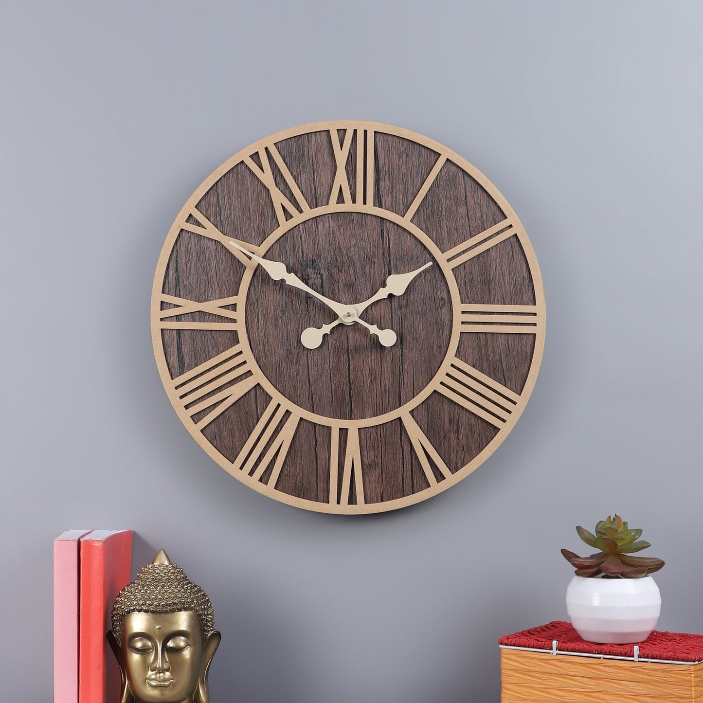 wc12 Rustic Dark Wooden Wall Clock with Roman Numerals