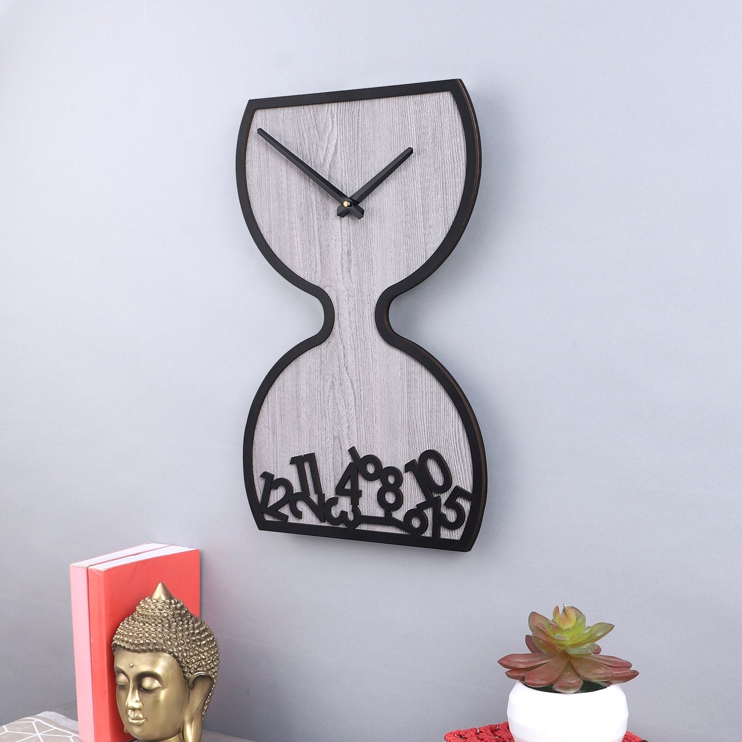 wc18 Grey Wooden Hourglass Wall Clock with Black Accents