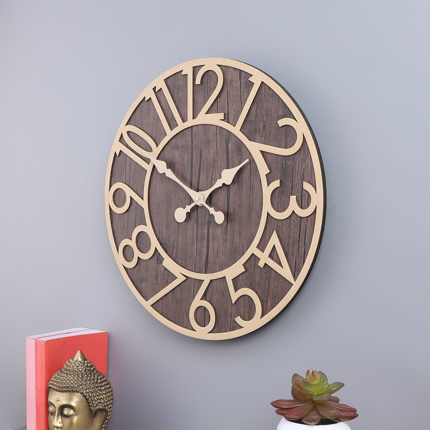 wc15 Rustic Wooden Wall Clock with Gold Accents