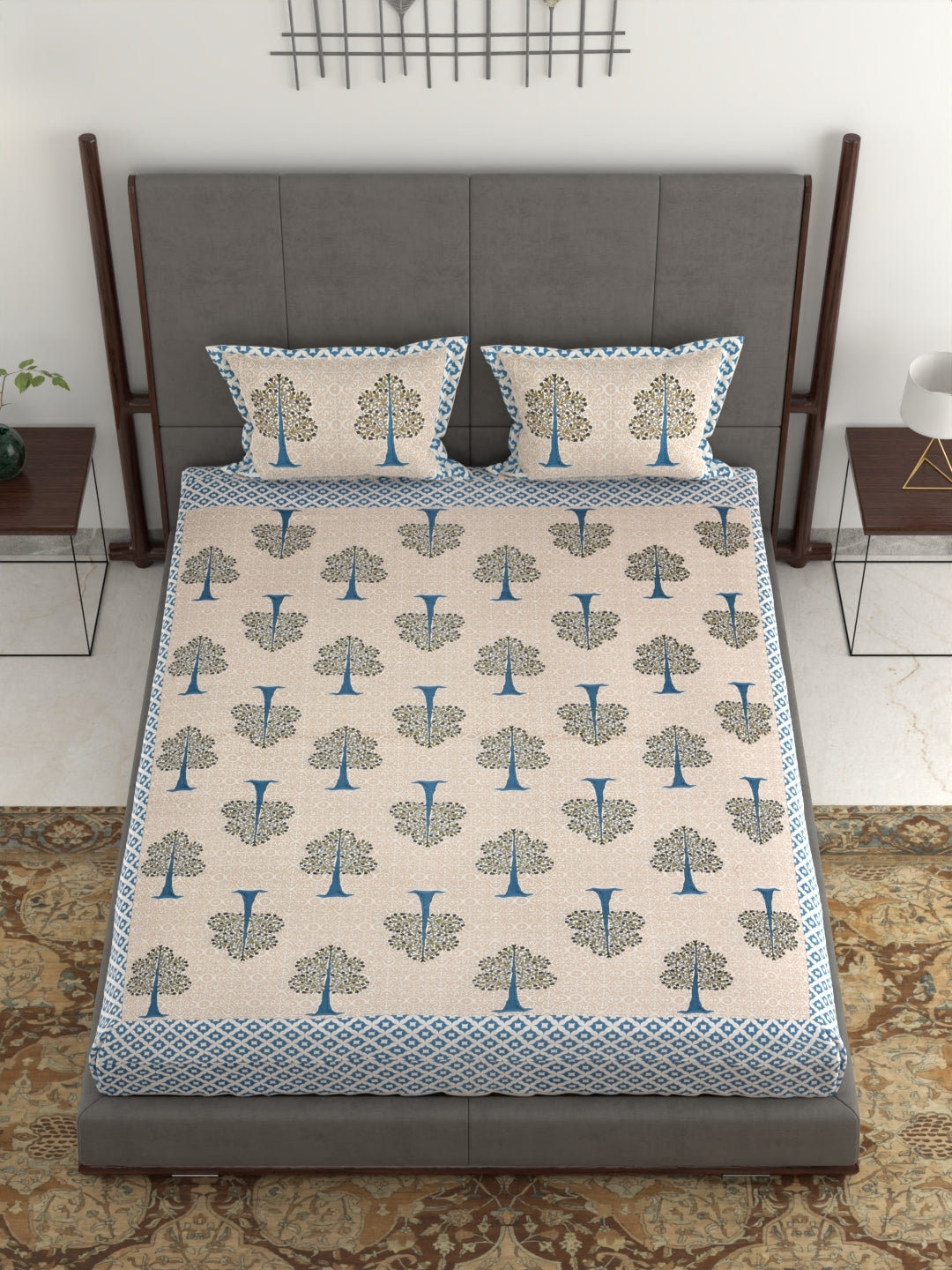 pp706 100% Pure Organic Cotton Fabric Jaipuri Hand Block Printed Jumbo King Size Double Bedsheet with 2 Pillow Covers, 240 TC II