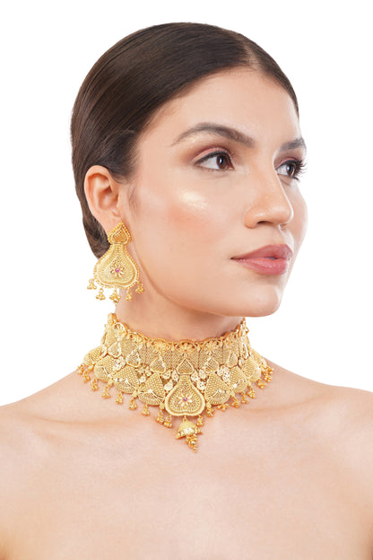 08P13 Vintage Inspired 1Gm Gold Choker Necklace and Earring Set