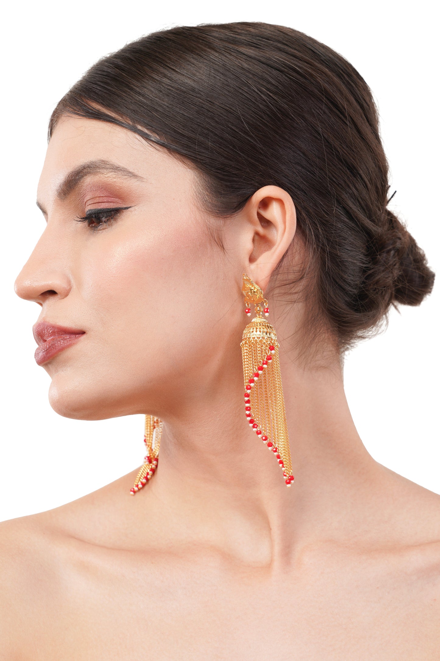 031 Red Beaded 1Gm Gold Jhumka Earrings Set