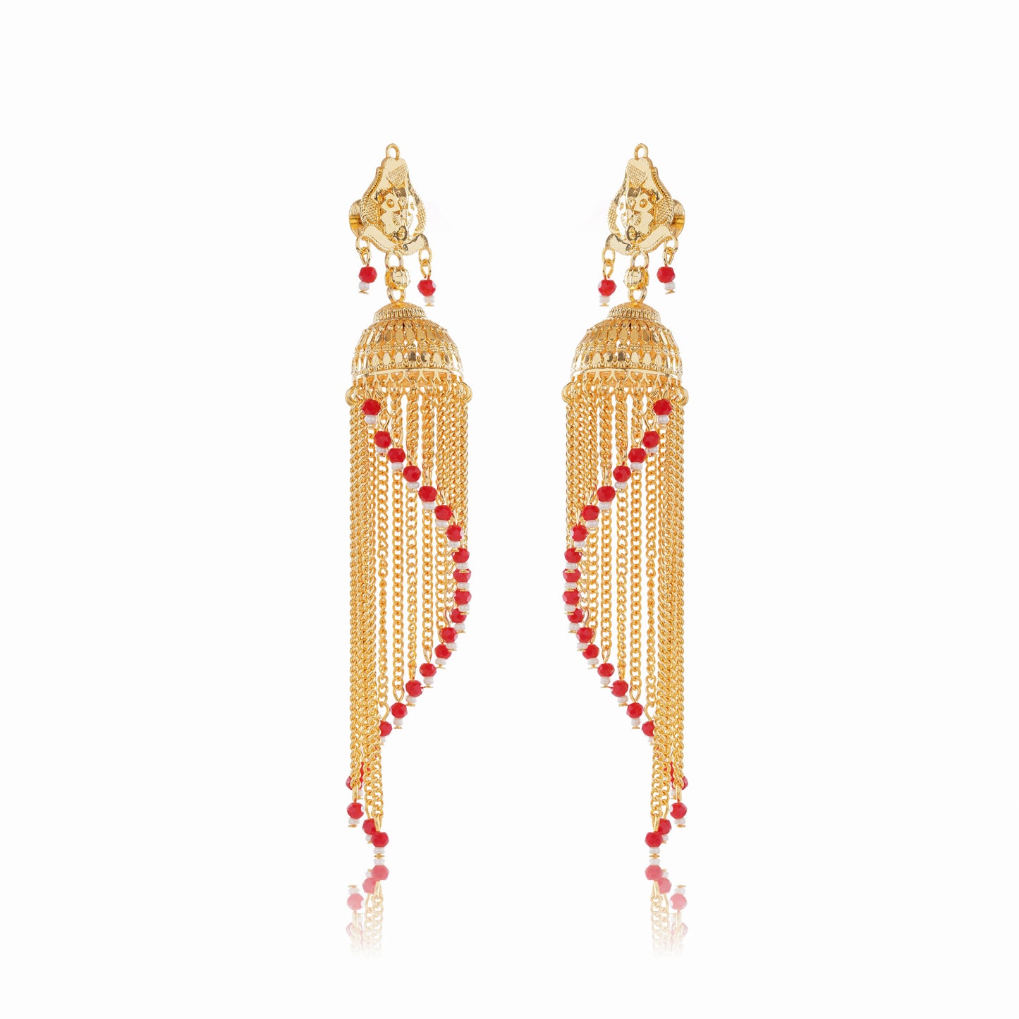 031 Red Beaded 1Gm Gold Jhumka Earrings Set