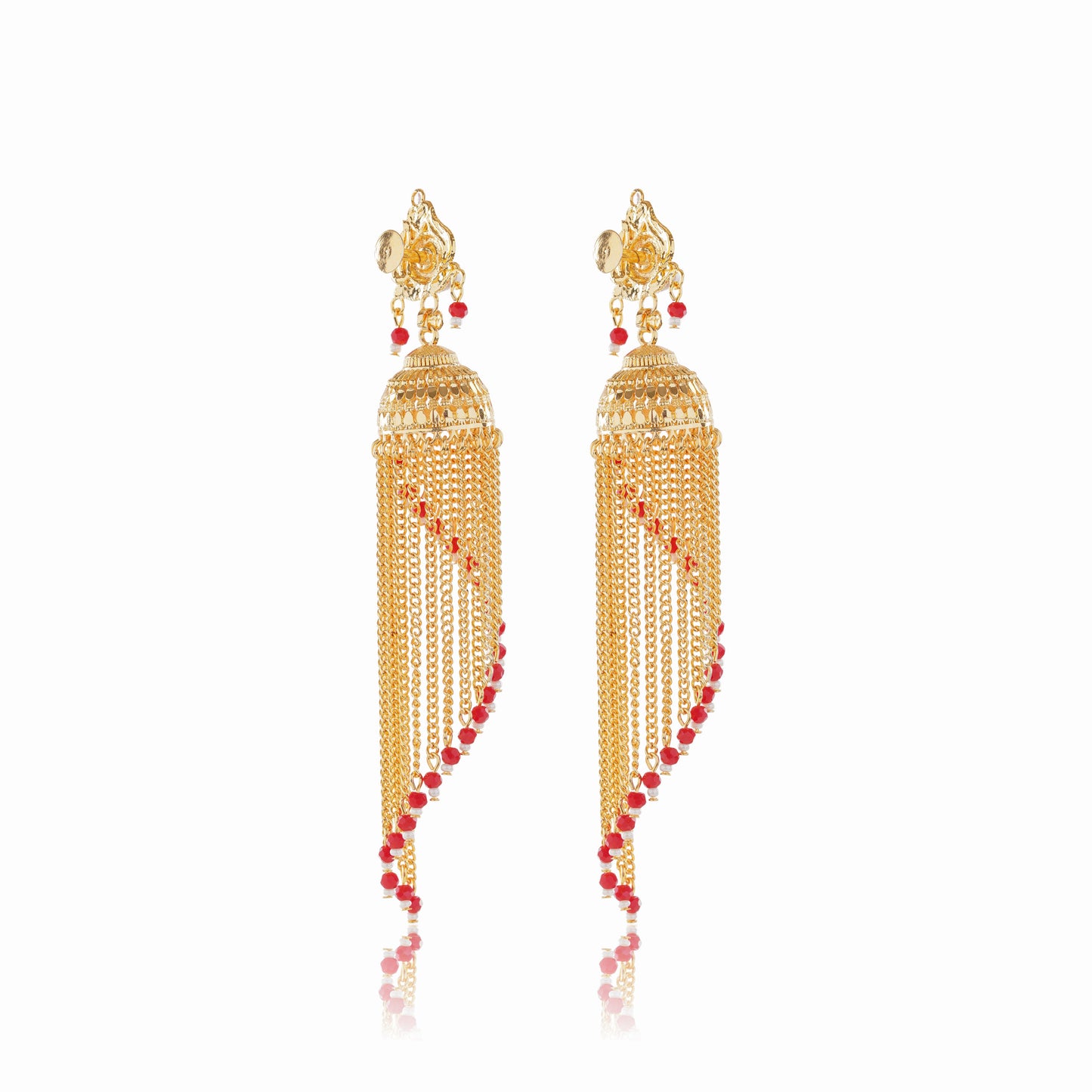 031 Red Beaded 1Gm Gold Jhumka Earrings Set