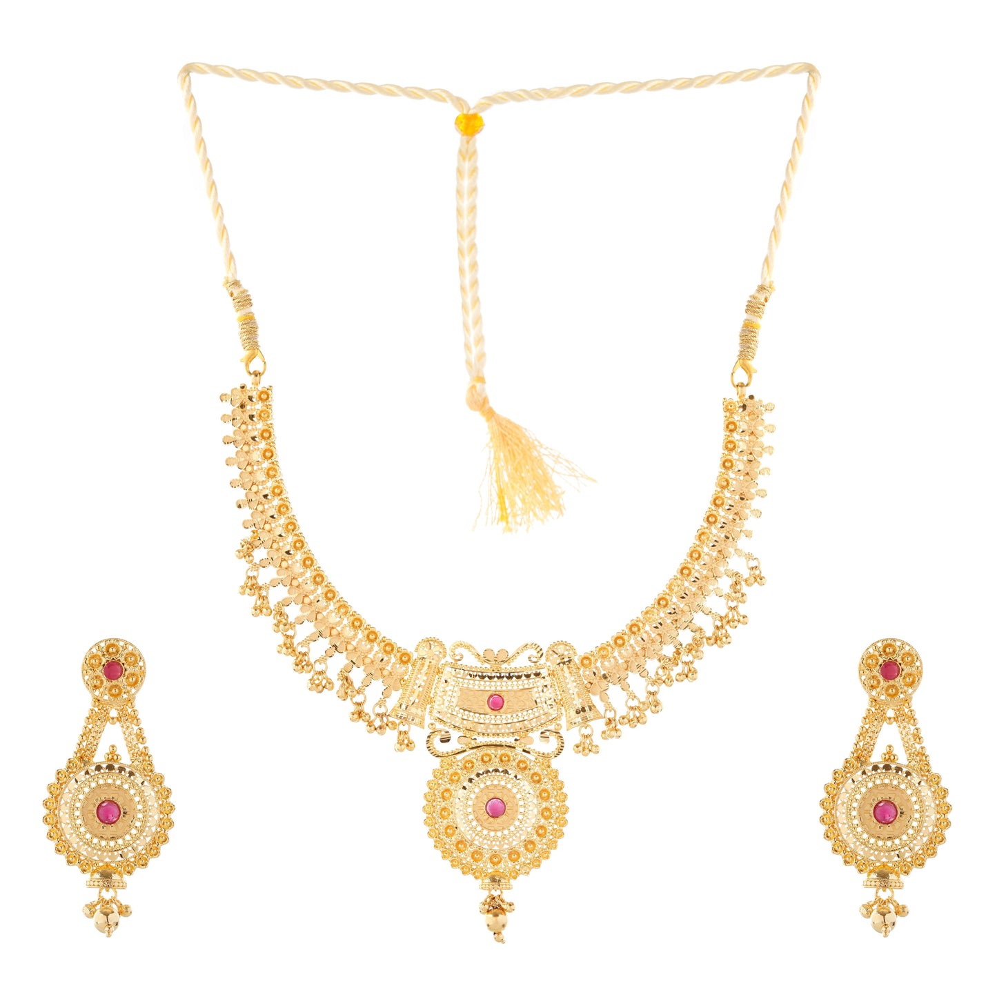 01 Elegant 1Gm Gold Necklace and Earring Set with Ruby Accents