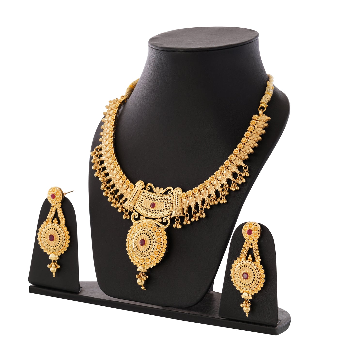 01 Elegant 1Gm Gold Necklace and Earring Set with Ruby Accents