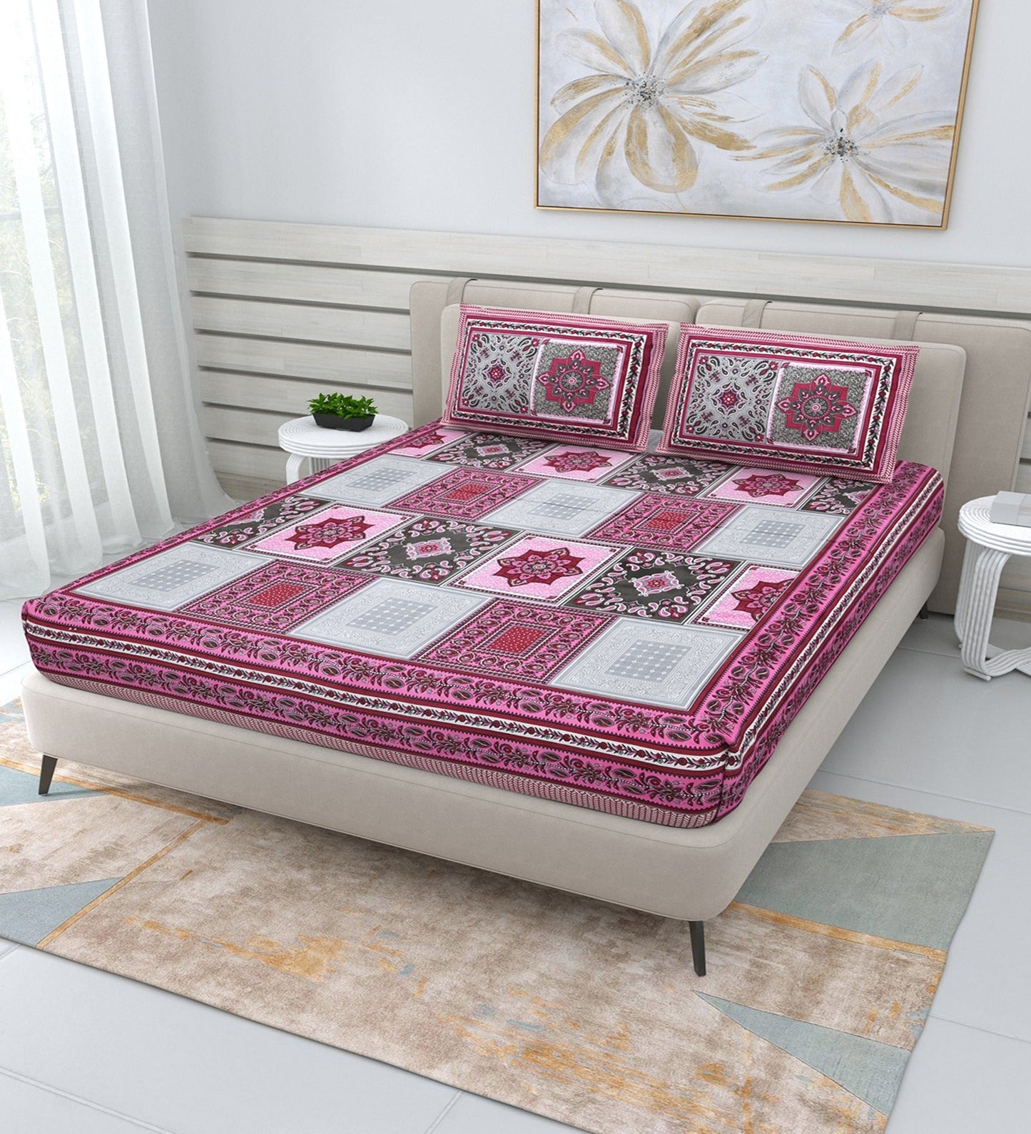 pp606 100% Cotton Bedsheet for Double Bed Queen Size with Pillow Cover Set, 220 TC