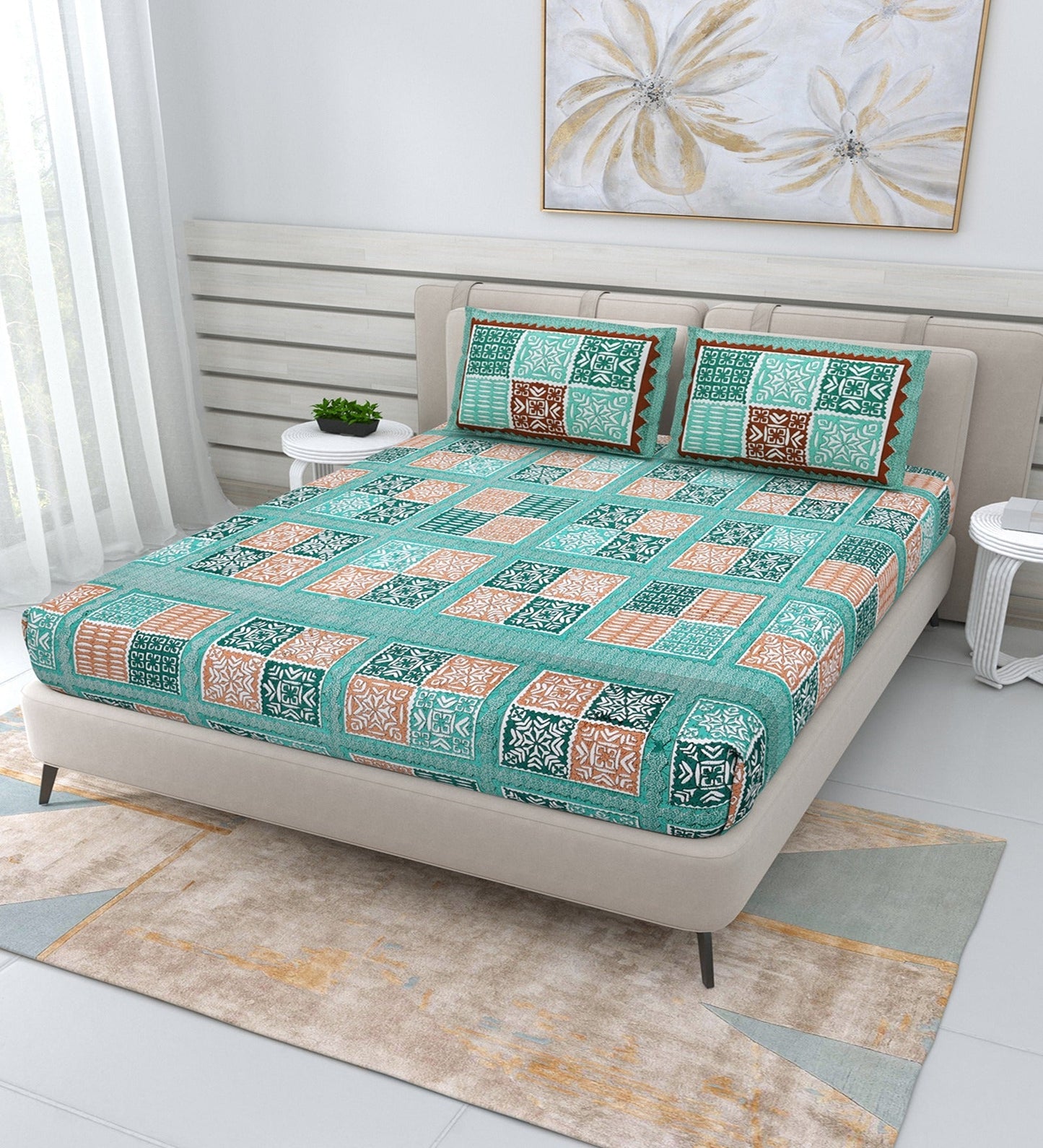 pp641 100% Cotton Bedsheet for Double Bed Queen Size with Pillow Cover Set, 220 TC