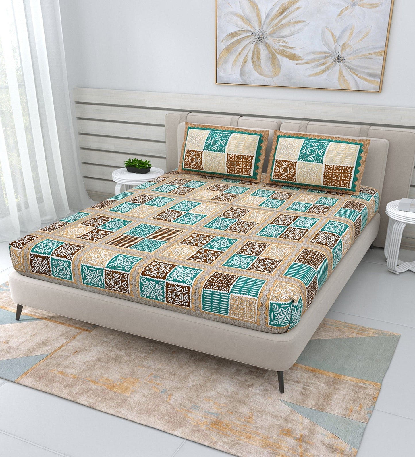 pp641 100% Cotton Bedsheet for Double Bed Queen Size with Pillow Cover Set, 220 TC