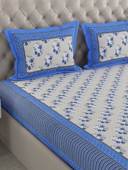 wm158 100% Cotton Hand Block Printed King Size Double Bedsheet with 2 Pillow Covers, 240 TC.