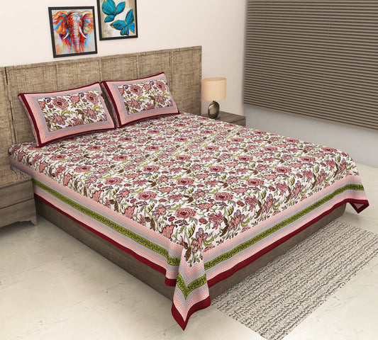 wm503 100% Pure Organic Cotton Fabric Hand Block Printed King Size Double Bedsheet with 2 Pillow Covers, 340 TC II